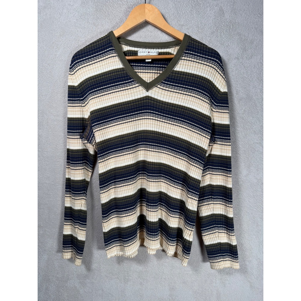 Tommy Hilfiger Woman V-Neck Ribbed Striped Knit Top Olive Navy 2X Made in Japan